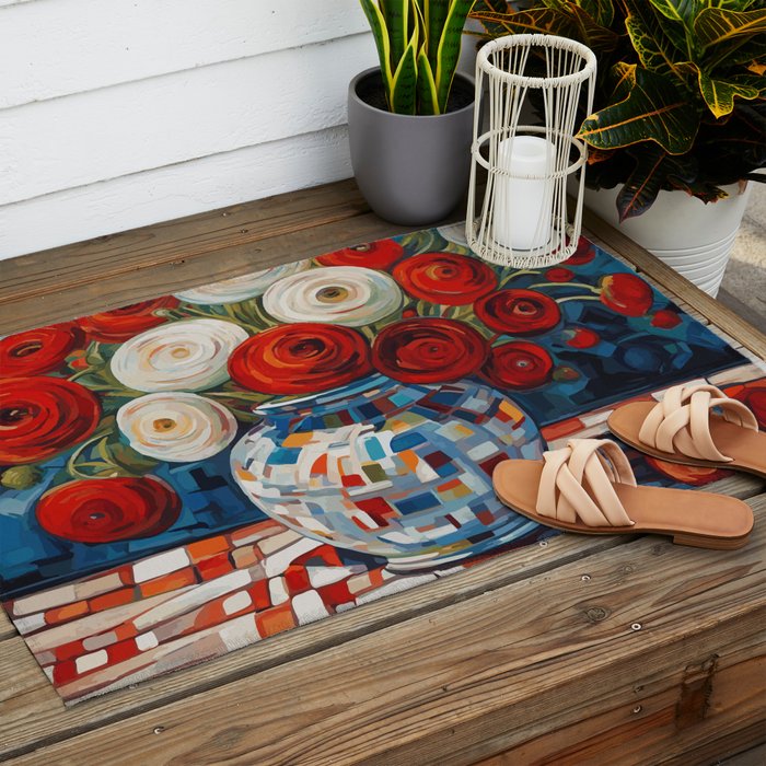 Red and White Ranunculus Flowers in Patterned Vase Still Life Painting Outdoor Rug Gallery Image 2