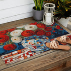Red and White Ranunculus Flowers in Patterned Vase Still Life Painting Outdoor Rug Gallery Image 2