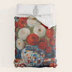Red and White Ranunculus Flowers in Patterned Vase Still Life Painting Comforter Gallery Image 6