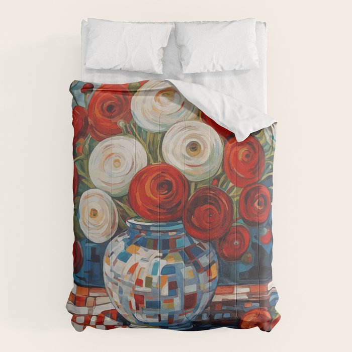 Red and White Ranunculus Flowers in Patterned Vase Still Life Painting Comforter Gallery Image 6