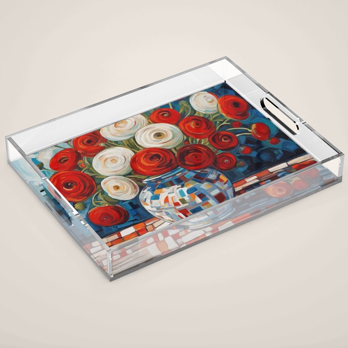 Red and White Ranunculus Flowers in Patterned Vase Still Life Painting Acrylic Tray Gallery Image 1