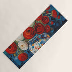 Red and White Ranunculus Flowers in Patterned Vase Still Life Painting Yoga Mat Gallery Image 1