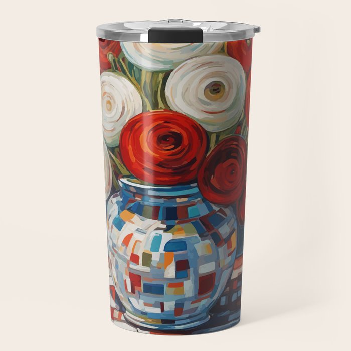 Red and White Ranunculus Flowers in Patterned Vase Still Life Painting Travel Mug Gallery Image 1