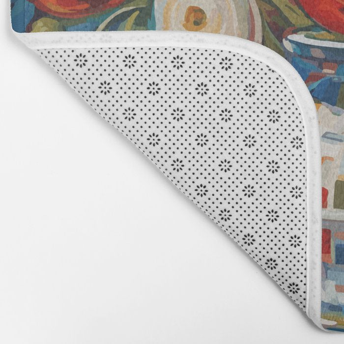 Red and White Ranunculus Flowers in Patterned Vase Still Life Painting Bath Mat Gallery Image 2