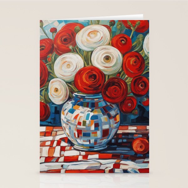 Red and White Ranunculus Flowers in Patterned Vase Still Life Painting Stationery Card Gallery Image 1