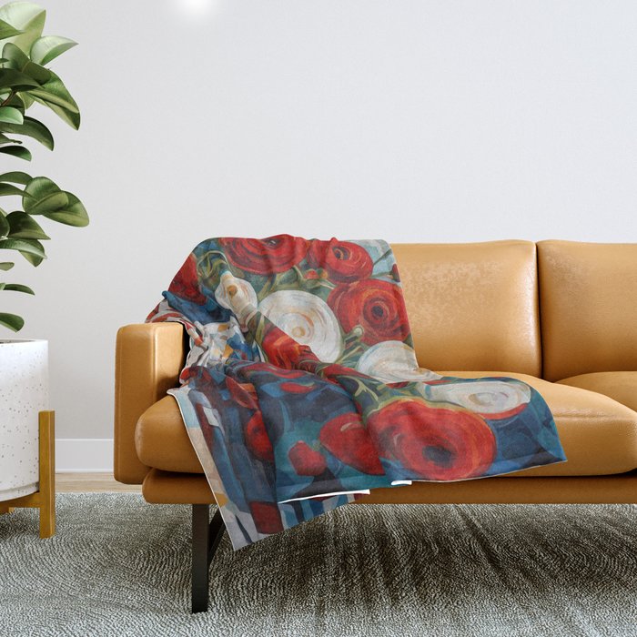 Red and White Ranunculus Flowers in Patterned Vase Still Life Painting Throw Blanket Gallery Image 1