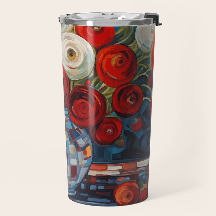 Red and White Ranunculus Flowers in Patterned Vase Still Life Painting Travel Mug Gallery Image 2