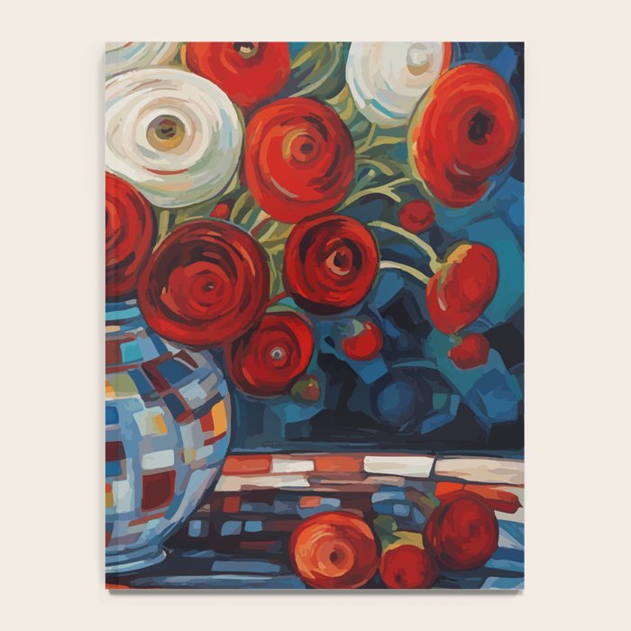 Red and White Ranunculus Flowers in Patterned Vase Still Life Painting Notebook Gallery Image 4