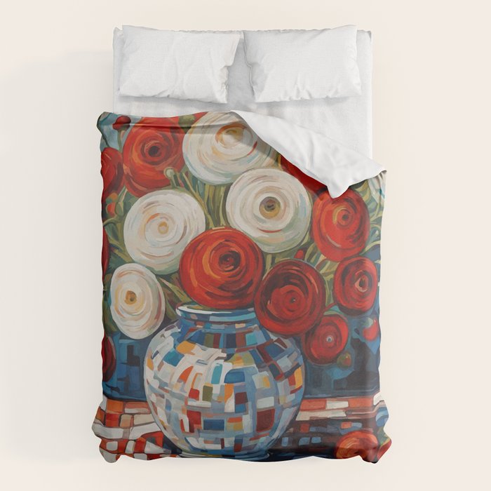 Red and White Ranunculus Flowers in Patterned Vase Still Life Painting Duvet Cover Gallery Image 6