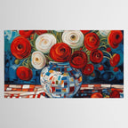 Red and White Ranunculus Flowers in Patterned Vase Still Life Painting Tablecloth Gallery Image 2