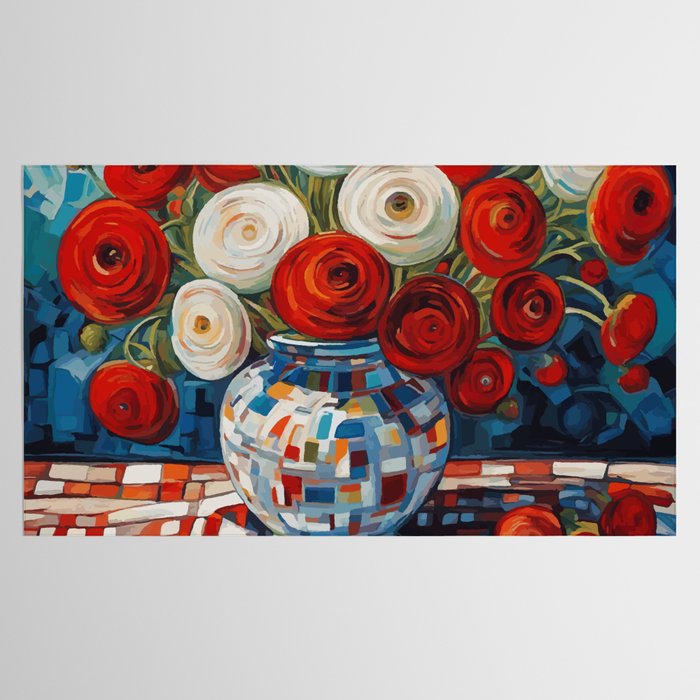Red and White Ranunculus Flowers in Patterned Vase Still Life Painting Tablecloth Gallery Image 2