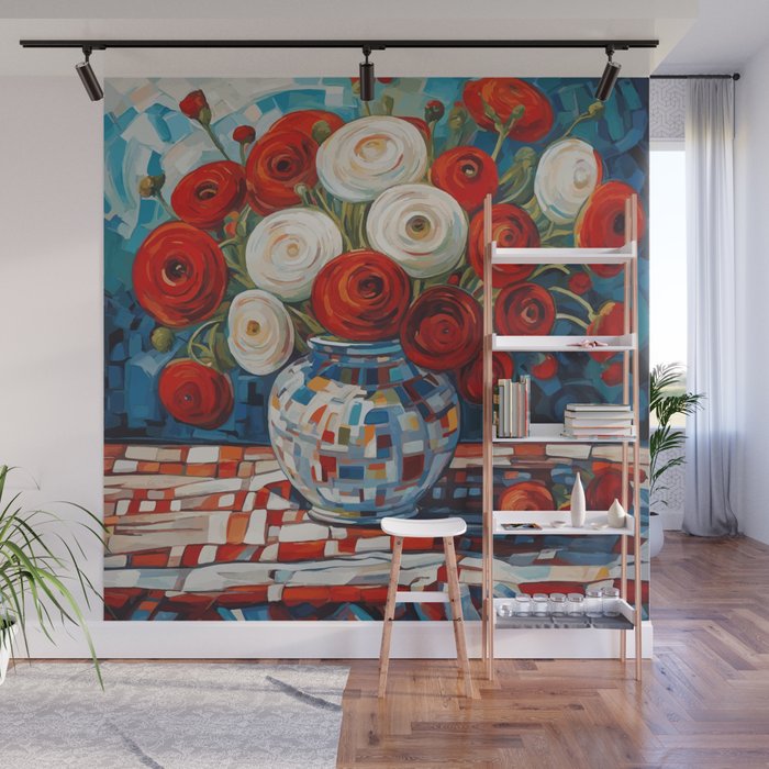 Red and White Ranunculus Flowers in Patterned Vase Still Life Painting Wall Mural Gallery Image 1