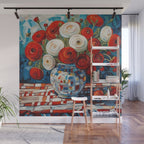 Red and White Ranunculus Flowers in Patterned Vase Still Life Painting Wall Mural Gallery Image 1