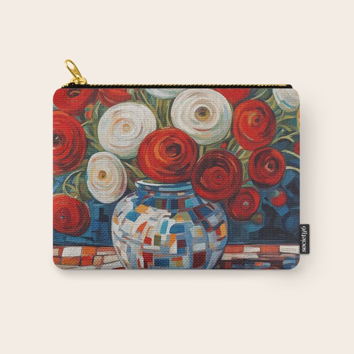 Red and White Ranunculus Flowers in Patterned Vase Still Life Painting Carry All Pouch Gallery Image 1