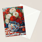Red and White Ranunculus Flowers in Patterned Vase Still Life Painting Stationery Card Gallery Image 2