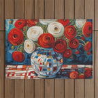 Red and White Ranunculus Flowers in Patterned Vase Still Life Painting Outdoor Rug Gallery Image 1