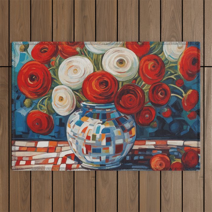 Red and White Ranunculus Flowers in Patterned Vase Still Life Painting Outdoor Rug Gallery Image 1