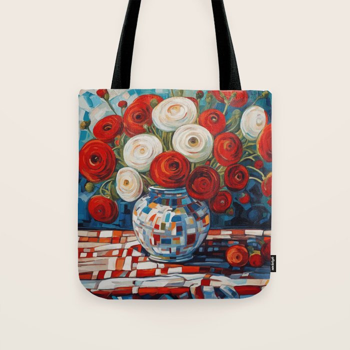 Red and White Ranunculus Flowers in Patterned Vase Still Life Painting Tote Bag Gallery Image 1