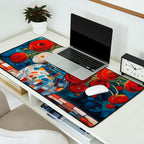 Red and White Ranunculus Flowers in Patterned Vase Still Life Painting Desk Mat Gallery Image 2