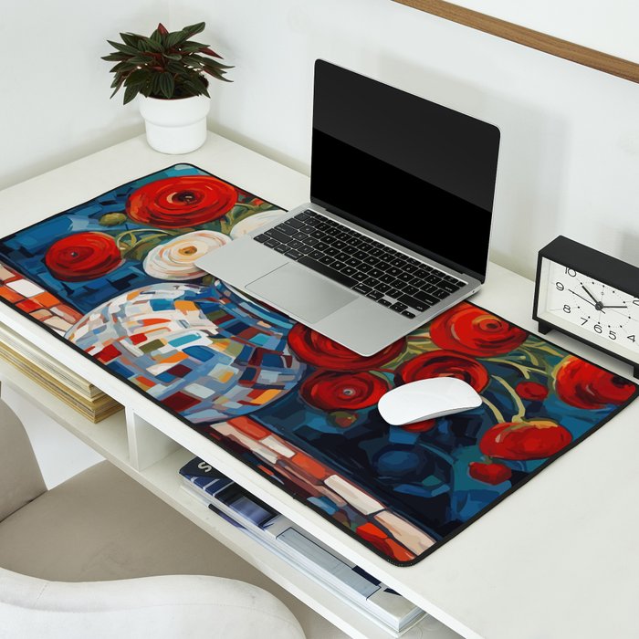 Red and White Ranunculus Flowers in Patterned Vase Still Life Painting Desk Mat Gallery Image 2