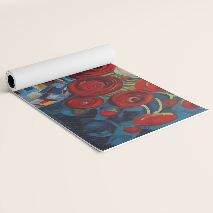 Red and White Ranunculus Flowers in Patterned Vase Still Life Painting Yoga Mat Gallery Image 2