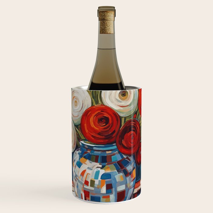 Red and White Ranunculus Flowers in Patterned Vase Still Life Painting Wine Chiller Gallery Image 1