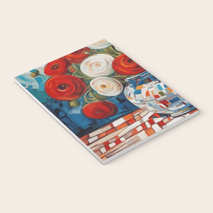 Red and White Ranunculus Flowers in Patterned Vase Still Life Painting Notebook Gallery Image 3