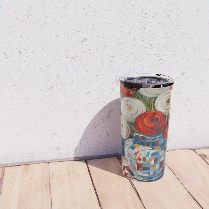 Red and White Ranunculus Flowers in Patterned Vase Still Life Painting Travel Mug Gallery Image 4