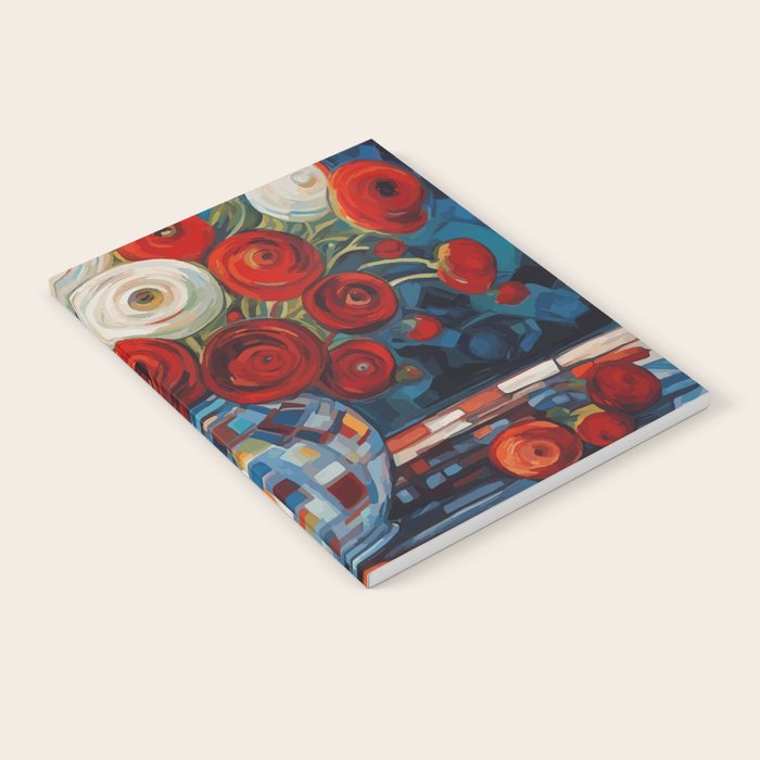 Red and White Ranunculus Flowers in Patterned Vase Still Life Painting Notebook Gallery Image 1