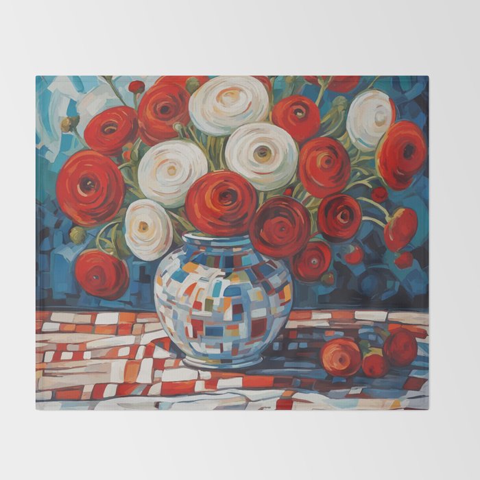 Red and White Ranunculus Flowers in Patterned Vase Still Life Painting Throw Blanket Gallery Image 2