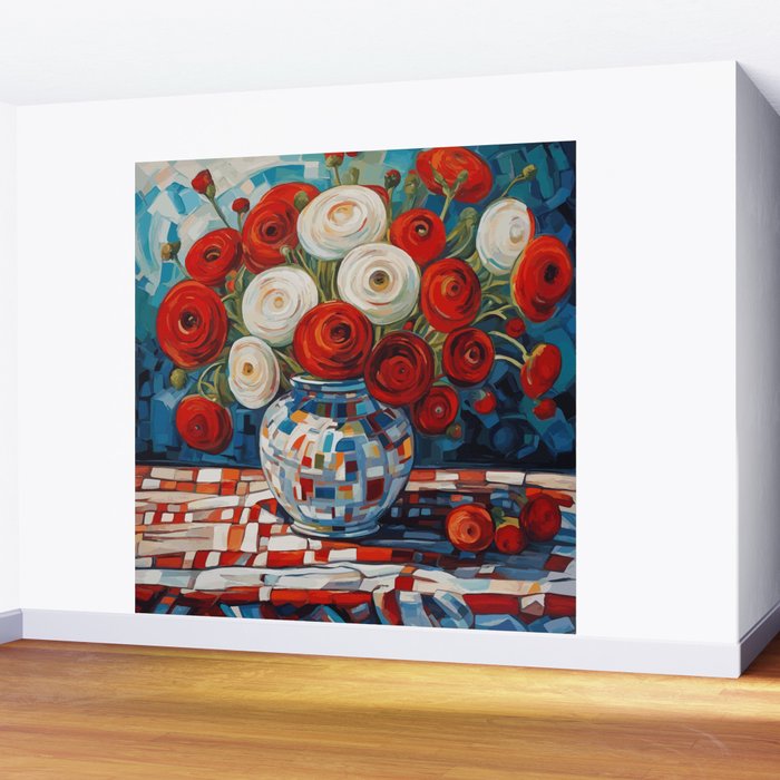 Red and White Ranunculus Flowers in Patterned Vase Still Life Painting Wall Mural Gallery Image 2