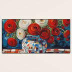 Red and White Ranunculus Flowers in Patterned Vase Still Life Painting Desk Mat Gallery Image 3