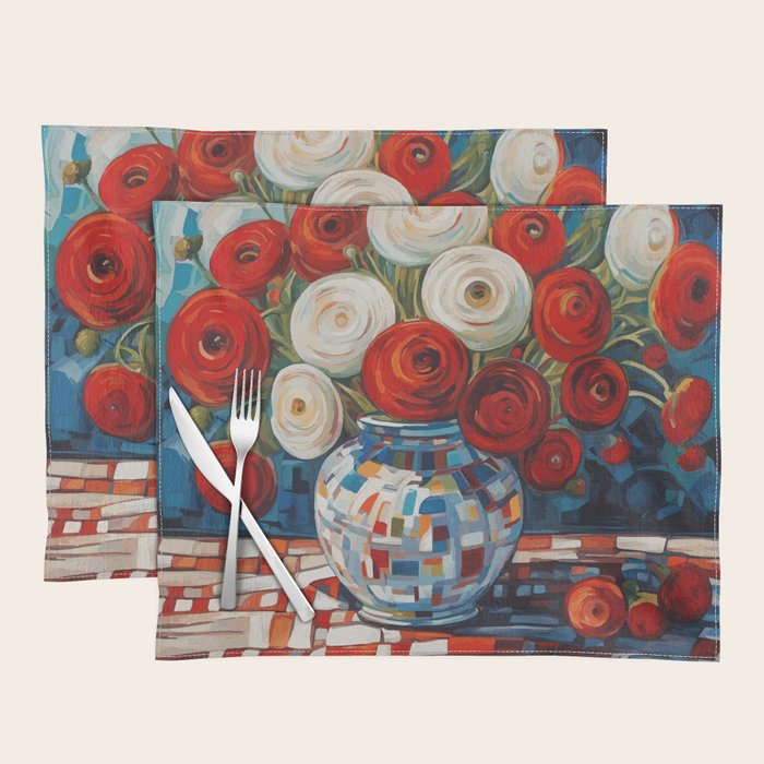 Red and White Ranunculus Flowers in Patterned Vase Still Life Painting Placemat Gallery Image 1