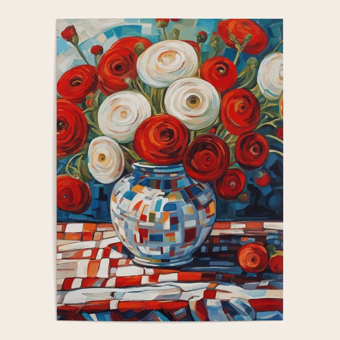 Red and White Ranunculus Flowers in Patterned Vase Still Life Painting Poster Gallery Image 4