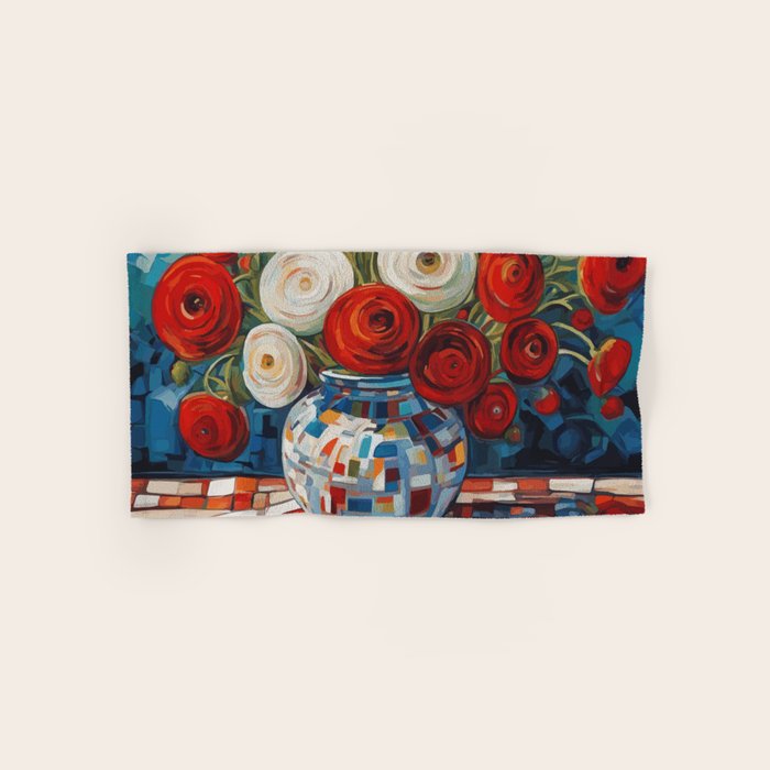 Red and White Ranunculus Flowers in Patterned Vase Still Life Painting Bath Towel Gallery Image 1