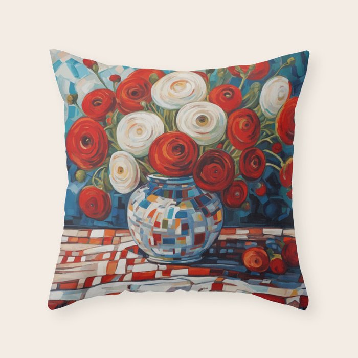 Red and White Ranunculus Flowers in Patterned Vase Still Life Painting Throw Pillow Gallery Image 6