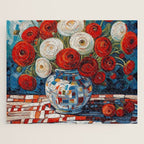 Red and White Ranunculus Flowers in Patterned Vase Still Life Painting Jigsaw Puzzle Gallery Image 1