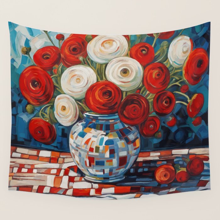 Red and White Ranunculus Flowers in Patterned Vase Still Life Painting Wall Tapestry Gallery Image 4