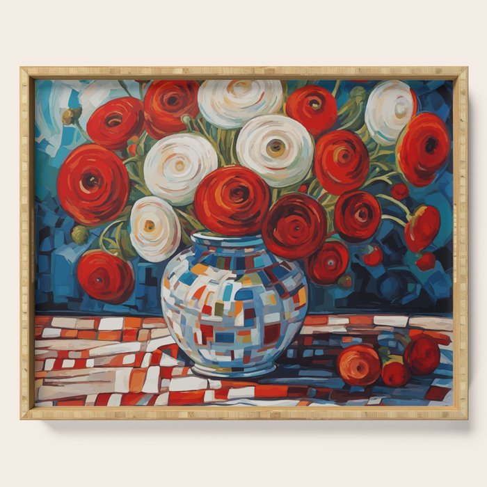 Red and White Ranunculus Flowers in Patterned Vase Still Life Painting Serving Tray Gallery Image 1