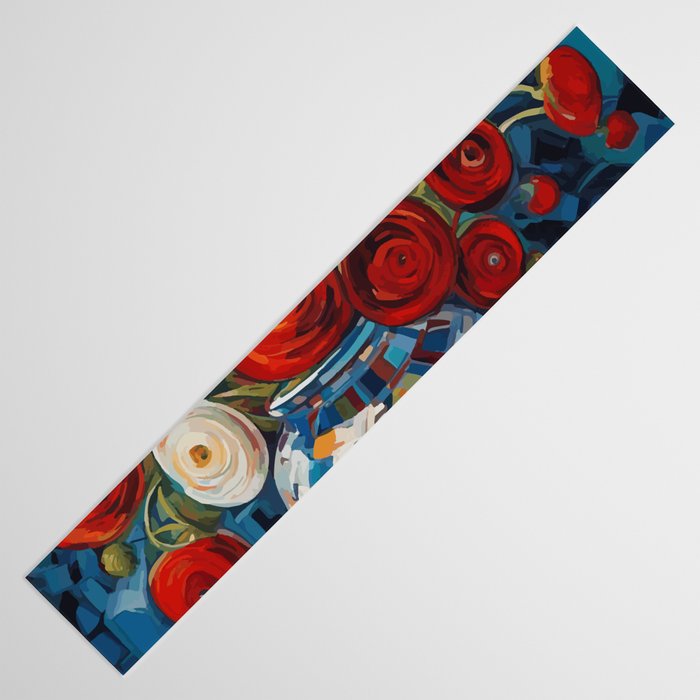 Red and White Ranunculus Flowers in Patterned Vase Still Life Painting Table Runner Gallery Image 3
