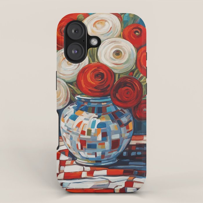 Red and White Ranunculus Flowers in Patterned Vase Still Life Painting iPhone Case Gallery Image 1