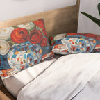 Red and White Ranunculus Flowers in Patterned Vase Still Life Painting Pillow Sham Gallery Image 2