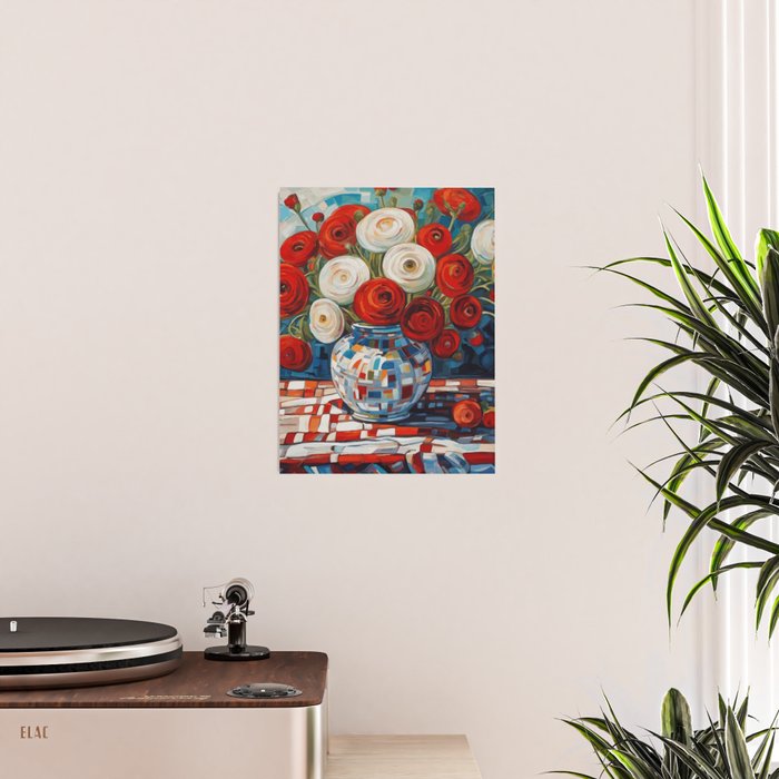 Red and White Ranunculus Flowers in Patterned Vase Still Life Painting Poster Gallery Image 2