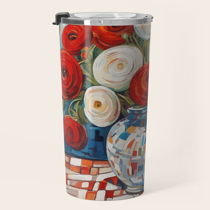 Red and White Ranunculus Flowers in Patterned Vase Still Life Painting Travel Mug Gallery Image 3