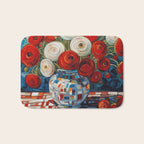 Red and White Ranunculus Flowers in Patterned Vase Still Life Painting Bath Mat Gallery Image 1