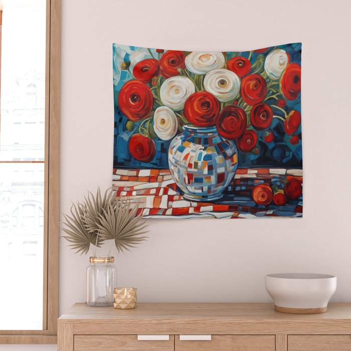Red and White Ranunculus Flowers in Patterned Vase Still Life Painting Wall Tapestry Gallery Image 2