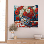 Red and White Ranunculus Flowers in Patterned Vase Still Life Painting Wall Tapestry Gallery Image 2
