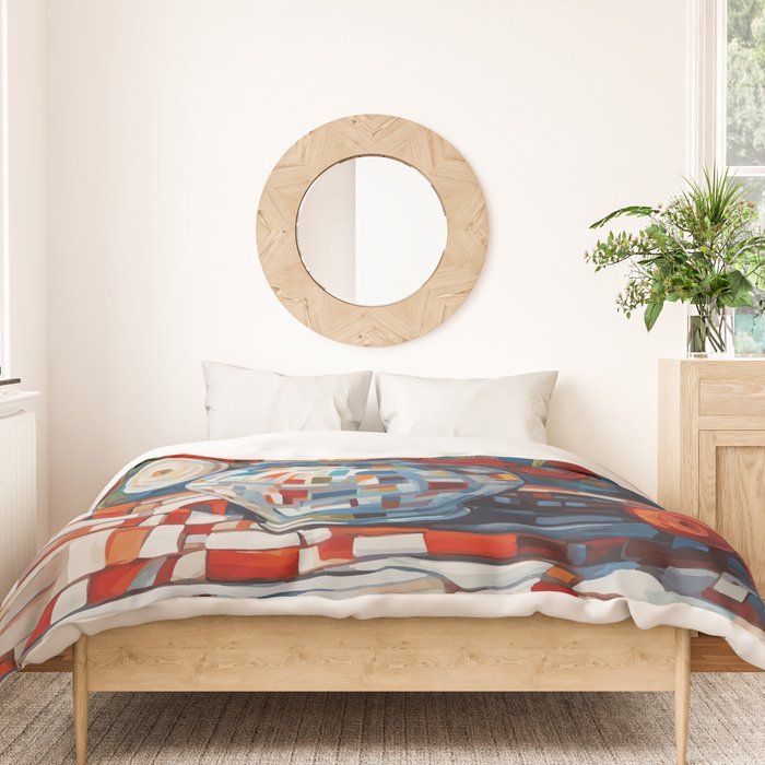 Red and White Ranunculus Flowers in Patterned Vase Still Life Painting Duvet Cover Gallery Image 3
