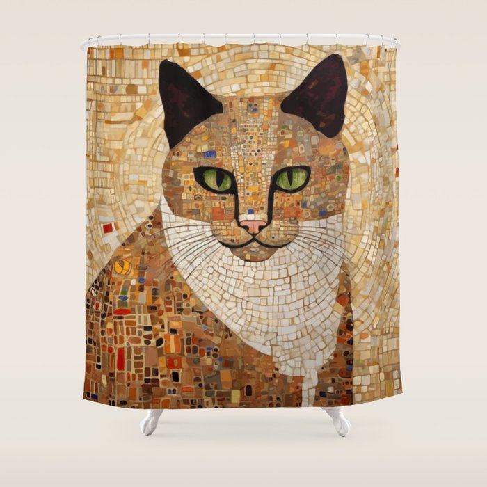 Klimt Cat with Green Eyes and White Scarf Shower Curtain Gallery Image 1