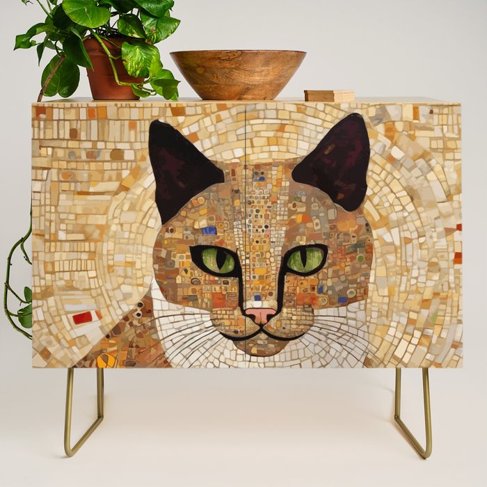 Klimt Cat with Green Eyes and White Scarf Credenza Gallery Image 1